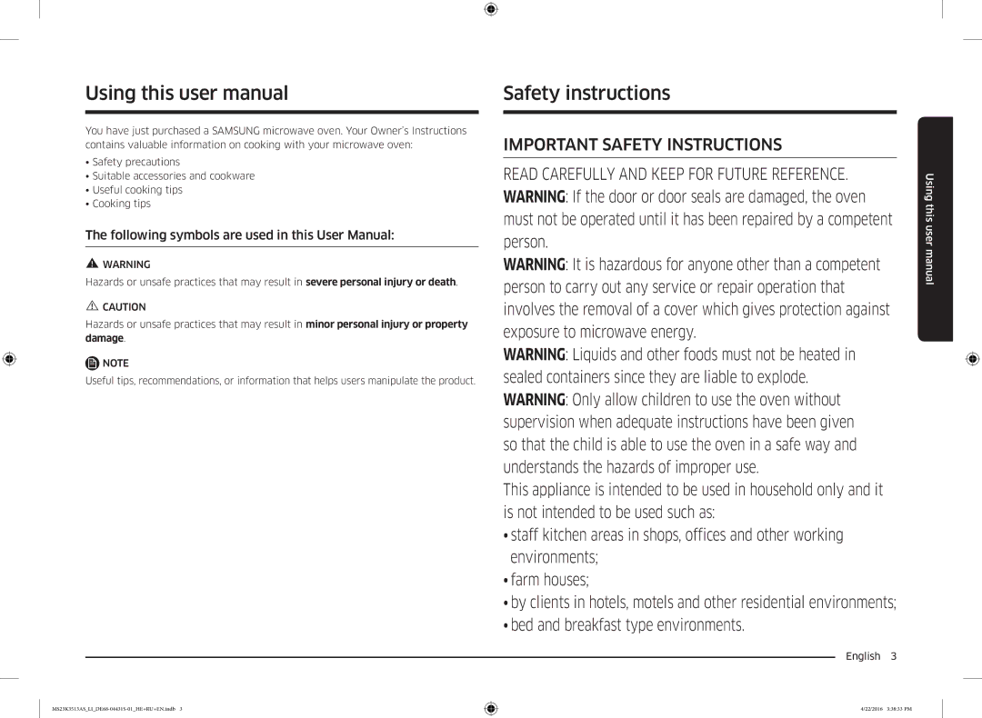 Samsung MS23K3513AW/LI, MS23K3513AK/LI, MS23K3513AS/LI manual Safety instructions, English  